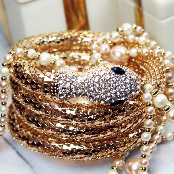 ⚜️ Kenneth Jay Lane Shimmering Gold Mesh and Clear Crystal Snake Wrap Bracelet - Picture 15 of 16